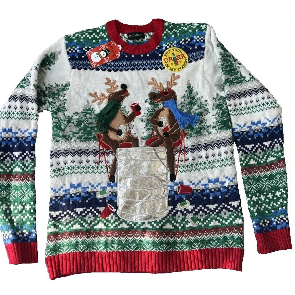 NEW Blizzard Reindeer Beer Drink Holder Holiday Ugly Christmas party Sweater Med